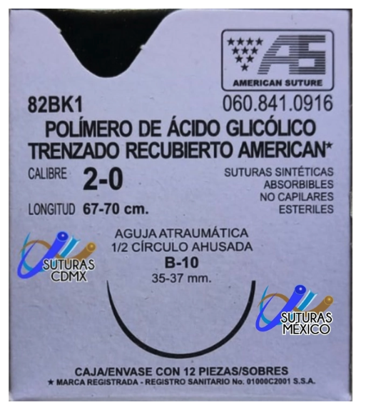 Suturas. Sintéticas absorbibles de poligliconato con aguja. Longitud de la hebra: 67-75 cm Calibre de la sutura: 2-0 Características de la aguja: 1/2 círculo ahusada (25-27 mm).Envase con 12 piezas.